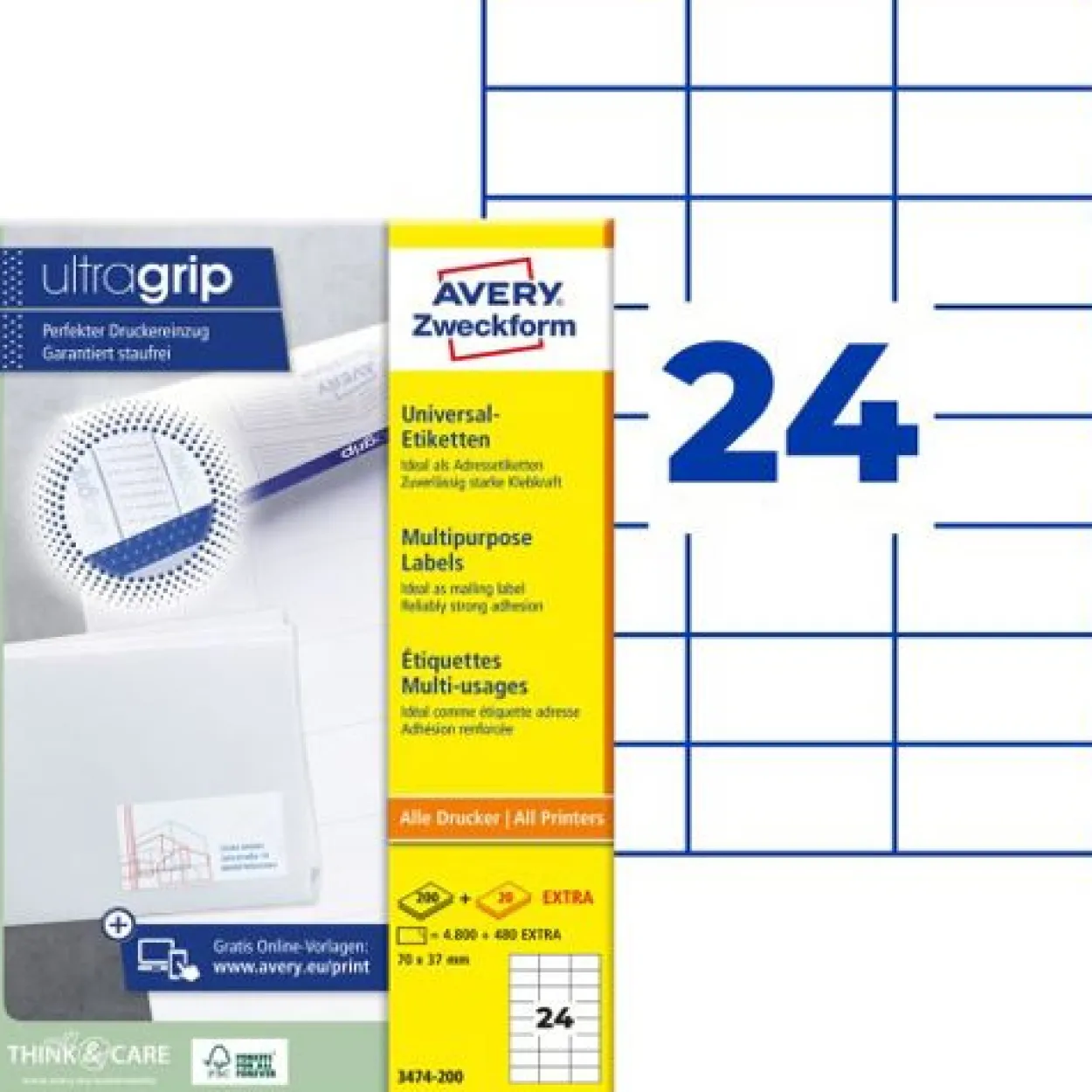AVERY Zweckform 5.280 Etiketten 3474-200 weiß 70,0 x 37,0 mm