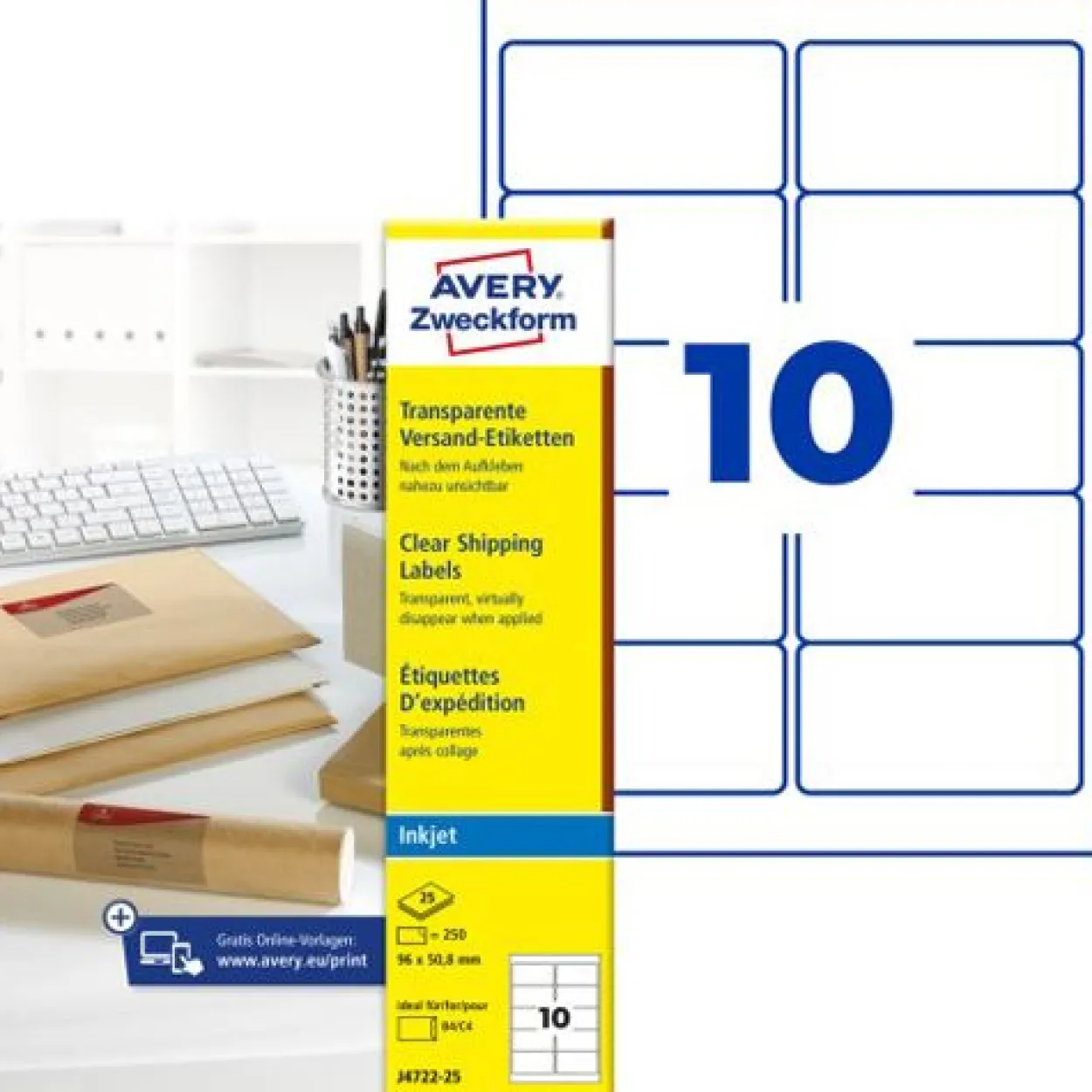 AVERY Zweckform 250 Folien-Versandetiketten J4722-25 transparent 96,0 x 50,8 mm