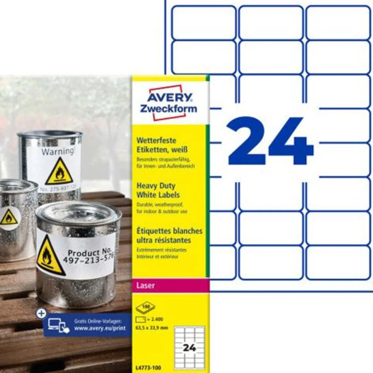 AVERY Zweckform 2.400 wetterfeste Folienetiketten L4773-100 weiß 63,5 x 33,9 mm