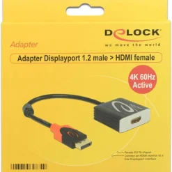 Delock Displayport 1.2 Adapter aktiv Displayport Stecker auf HDMI-Buchse Schwarz 3D-Formate / 4K / Ferritkern / mit Arretierung / vergoldet