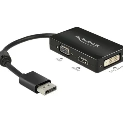 Delock Displayport 1.1 Adapter DP++ Displayport Stecker auf VGA 15pol Buchse + HDMI A-Buchse + DVI-D 24+1 Buchse Schwarz Ferritkern
