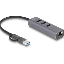 Delock 3 Port USB 5 Gbps Hub + Gigabit LAN mit USB Type-C oder USB Typ-A Anschluss im Metallgehäuse