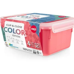 Emsa CLIP & CLOSE Color Frischhaltedose, 4-teiliges Set (koralle/transparent, rechteckig, 4 Dosen + 4 Deckel)
