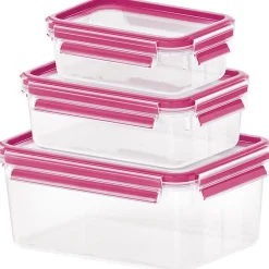 Emsa CLIP & CLOSE Frischhaltedosen-Set, 3-teilig (transparent/himbeere, rechteckig, 3 Dosen + 3 Deckel)
