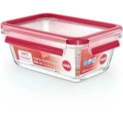 Emsa CLIP & CLOSE Glas-Frischhaltedose 0,85 Liter (transparent/rot, rechteckig)