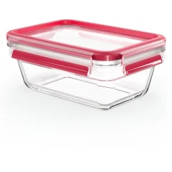 Emsa CLIP & CLOSE Glas-Frischhaltedose 0,85 Liter (transparent/rot, rechteckig)