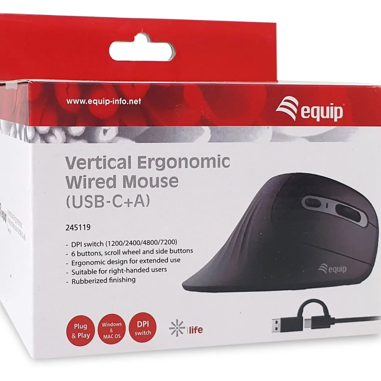 Equip Ergonomische Maus USB-A/-C Stker 1.80m Rechts schwarz