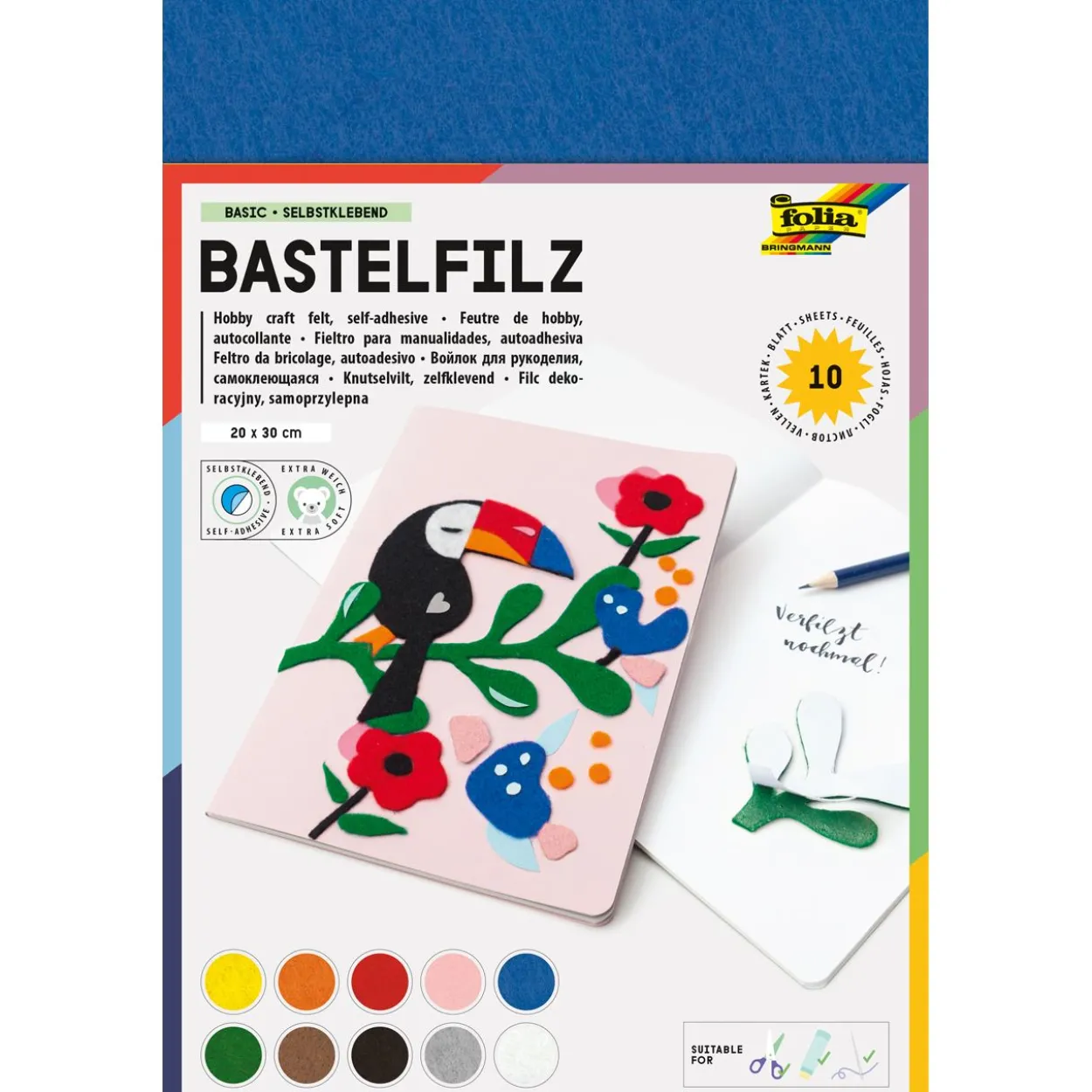 folia Bastelfilz selbstklebend farbsortiert 10 Bogen