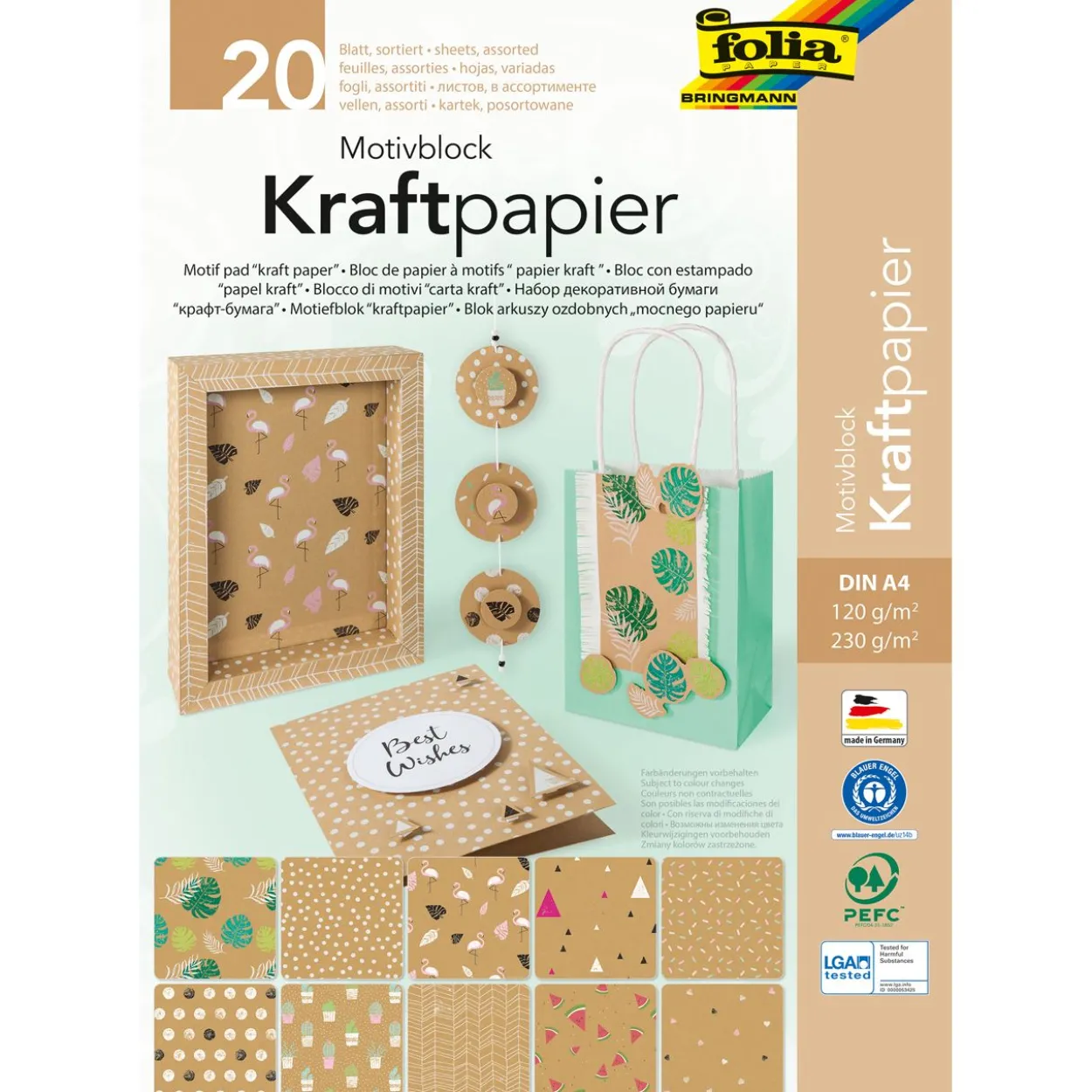 folia Motivblock Kraftpapier 1 farbsortiert 120/230 g/qm 20 Blatt