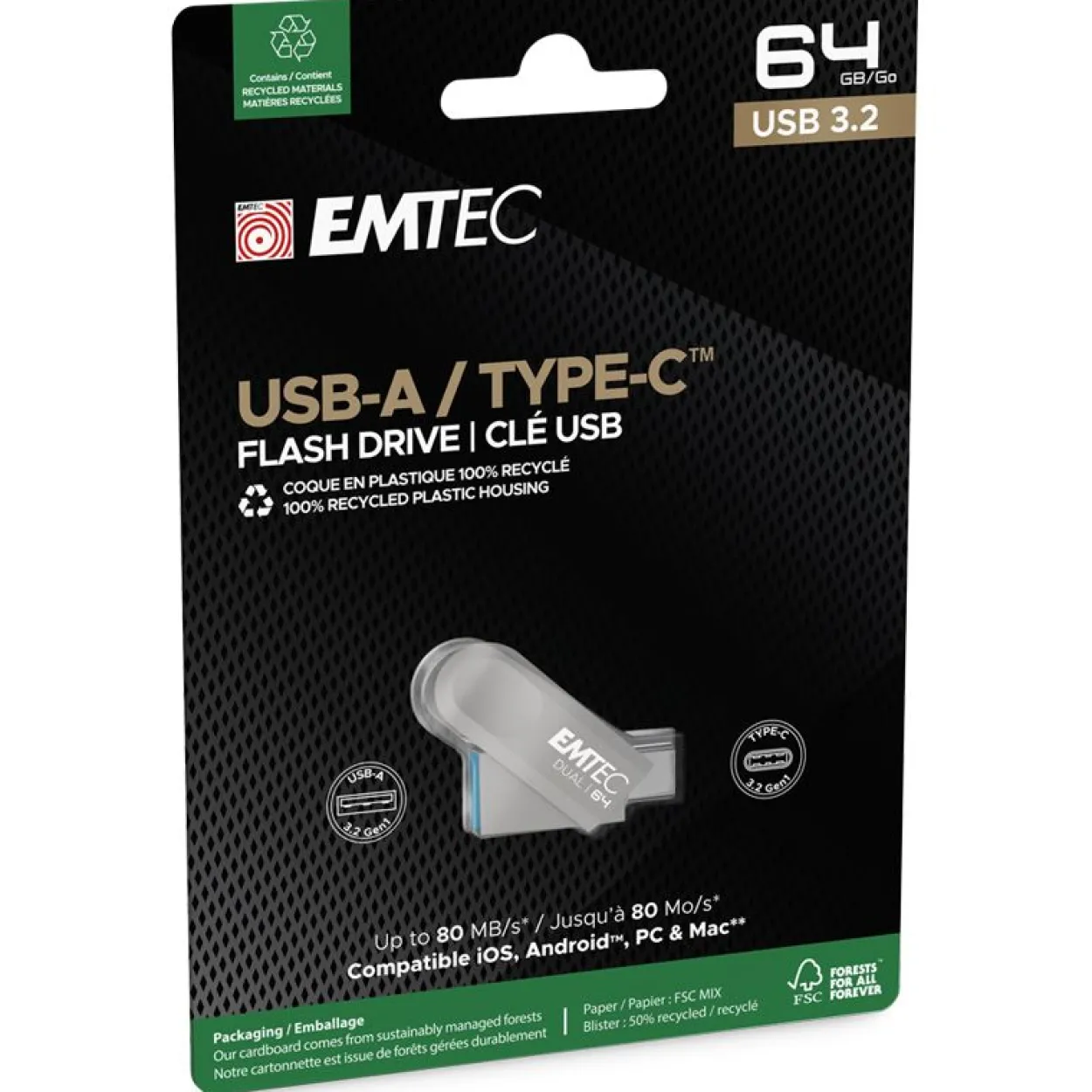 64GB Emtec USB3.2 Type-C Dual D280