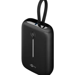 Goobay Powerbank 10.000 mAh, integriertes USB-C Kabel 13cm, 20 Watt (schwarz, 10 Ah, 1x USB-A, 2x USB-C, PD, QC)