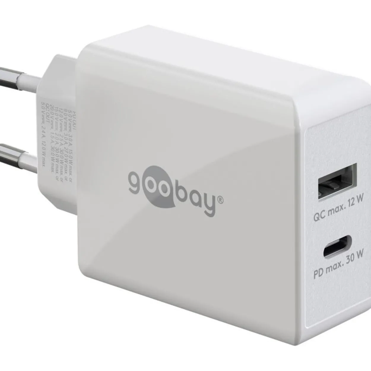 Goobay USB-C PD Dual-Schnellladegerät 30 Watt (weiß, 1x USB-A, 1x USB-C PD)