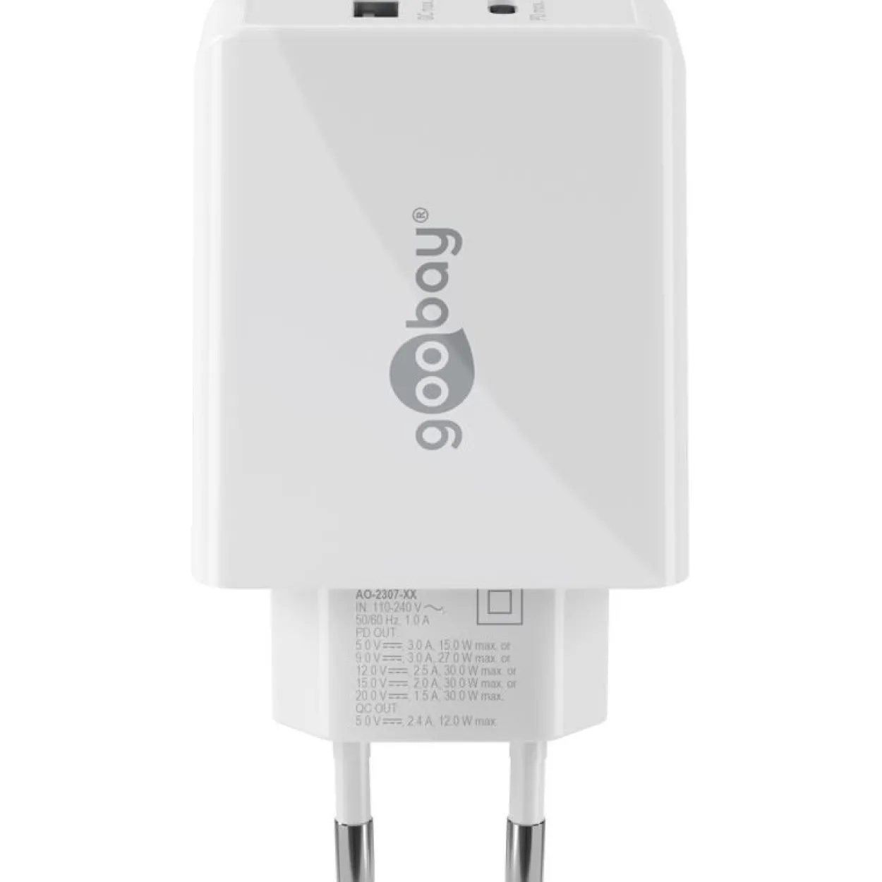 Goobay USB-C PD Dual-Schnellladegerät 30 Watt (weiß, 1x USB-A, 1x USB-C PD)