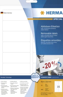 Herma 10009 ablösbar Universal-Etiketten 8.89x3.38 cm (25 Blatt (400 Etiketten))