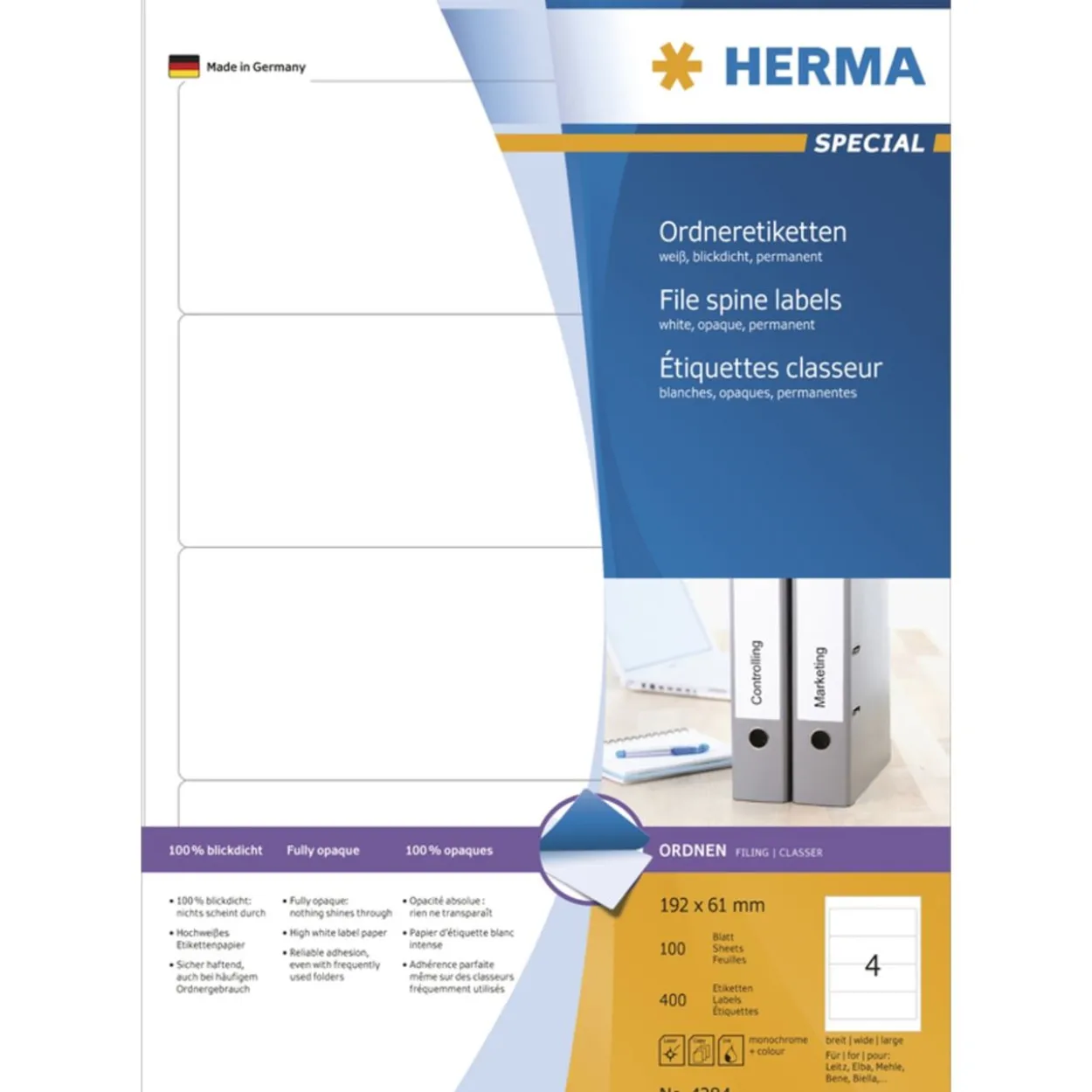Herma 4284 blickdicht Ordneretiketten 19.2x6.1 cm (100 Blatt (400 Etiketten))