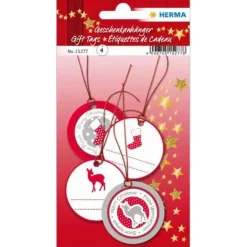 HERMA Geschenkanhänger weiß/rot/grau Xmas mit Motiv Ø 5,0 cm 4 St.