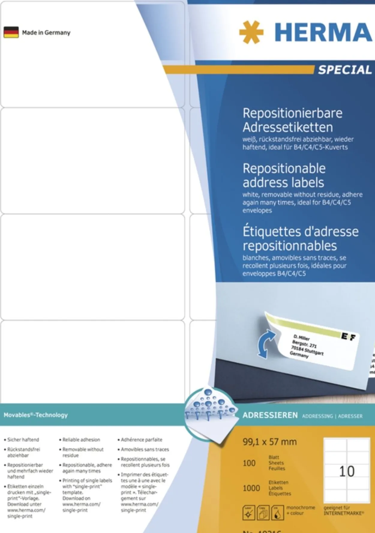 Herma 10316 repositionierbar Adressetiketten 9.91x5.7 cm (100 Blatt (1000 Etiketten))