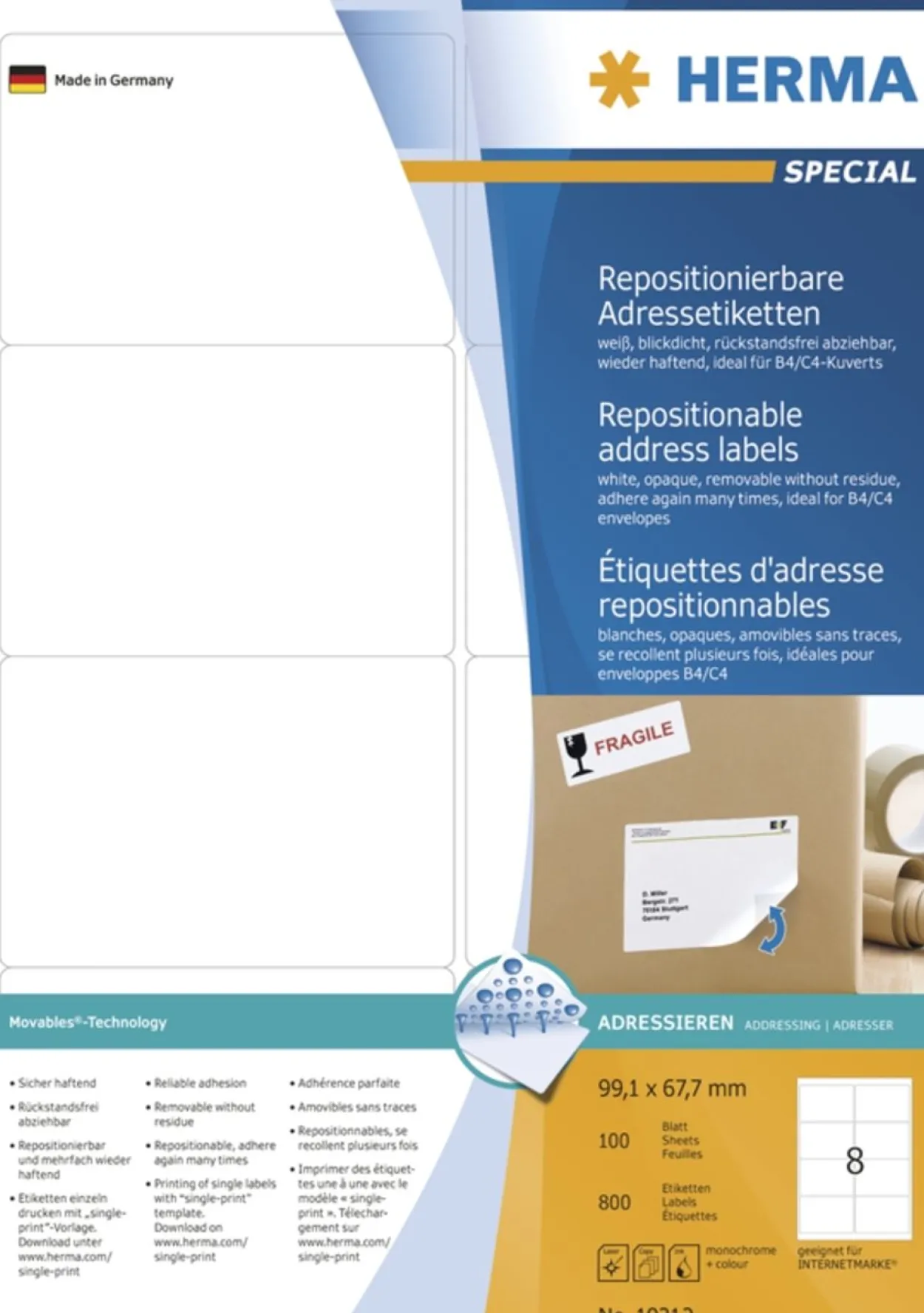 Herma 10312 repositionierbar blickdicht Adressetiketten 9.91x6.67 cm (100 Blatt (800 Etiketten))
