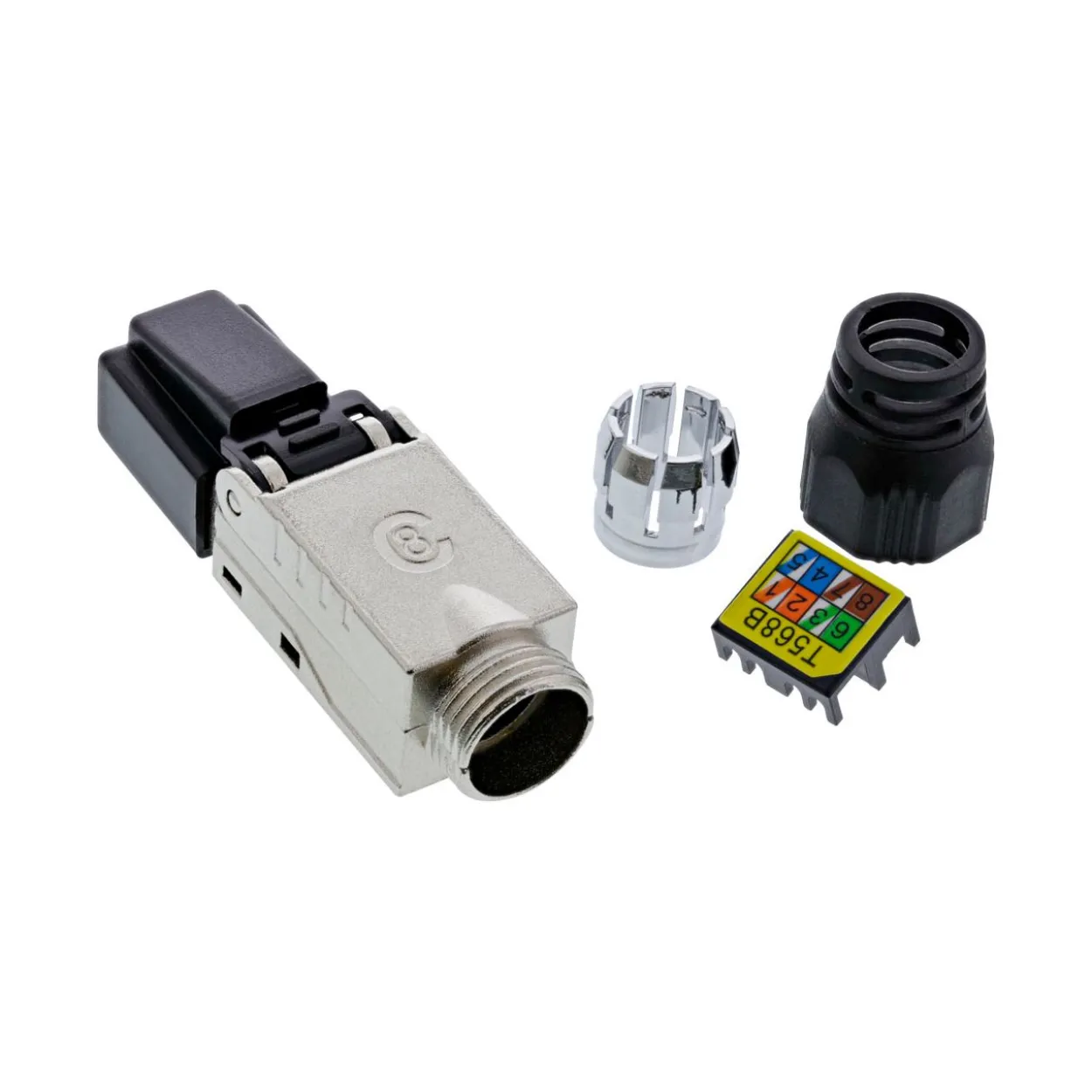 InLine Adapter RJ45 Stecker Schwarz geschirmt / Knickschutzelement / Metall / PoE / PoE+ / schraubbar