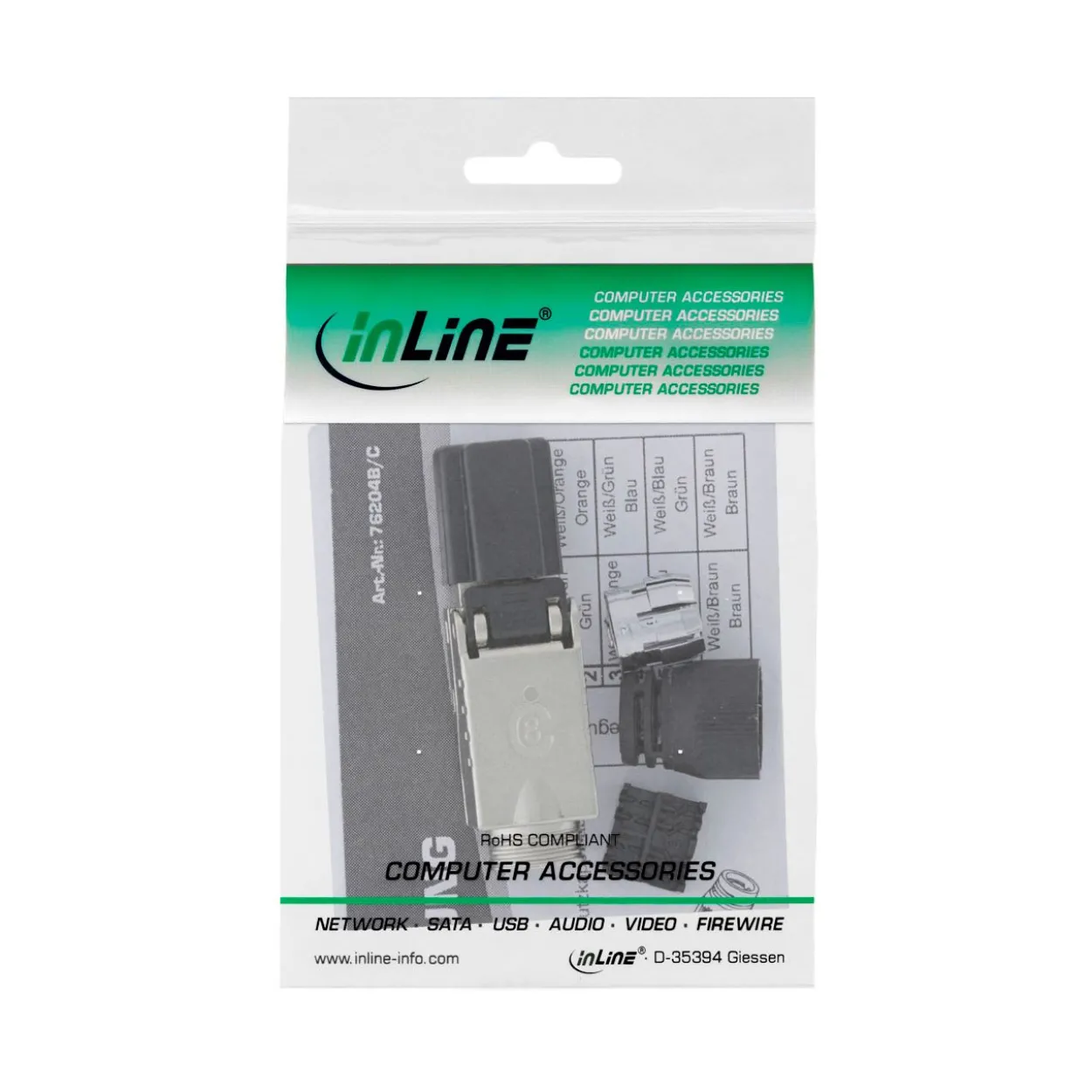 InLine Adapter RJ45 Stecker Schwarz geschirmt / Knickschutzelement / Metall / PoE / PoE+ / schraubbar