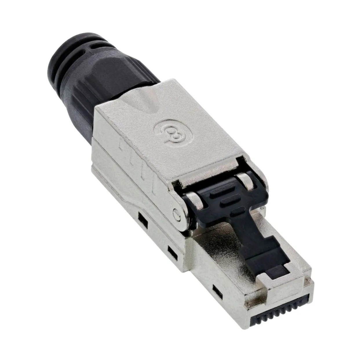 InLine Adapter RJ45 Stecker Schwarz geschirmt / Knickschutzelement / Metall / PoE / PoE+ / schraubbar