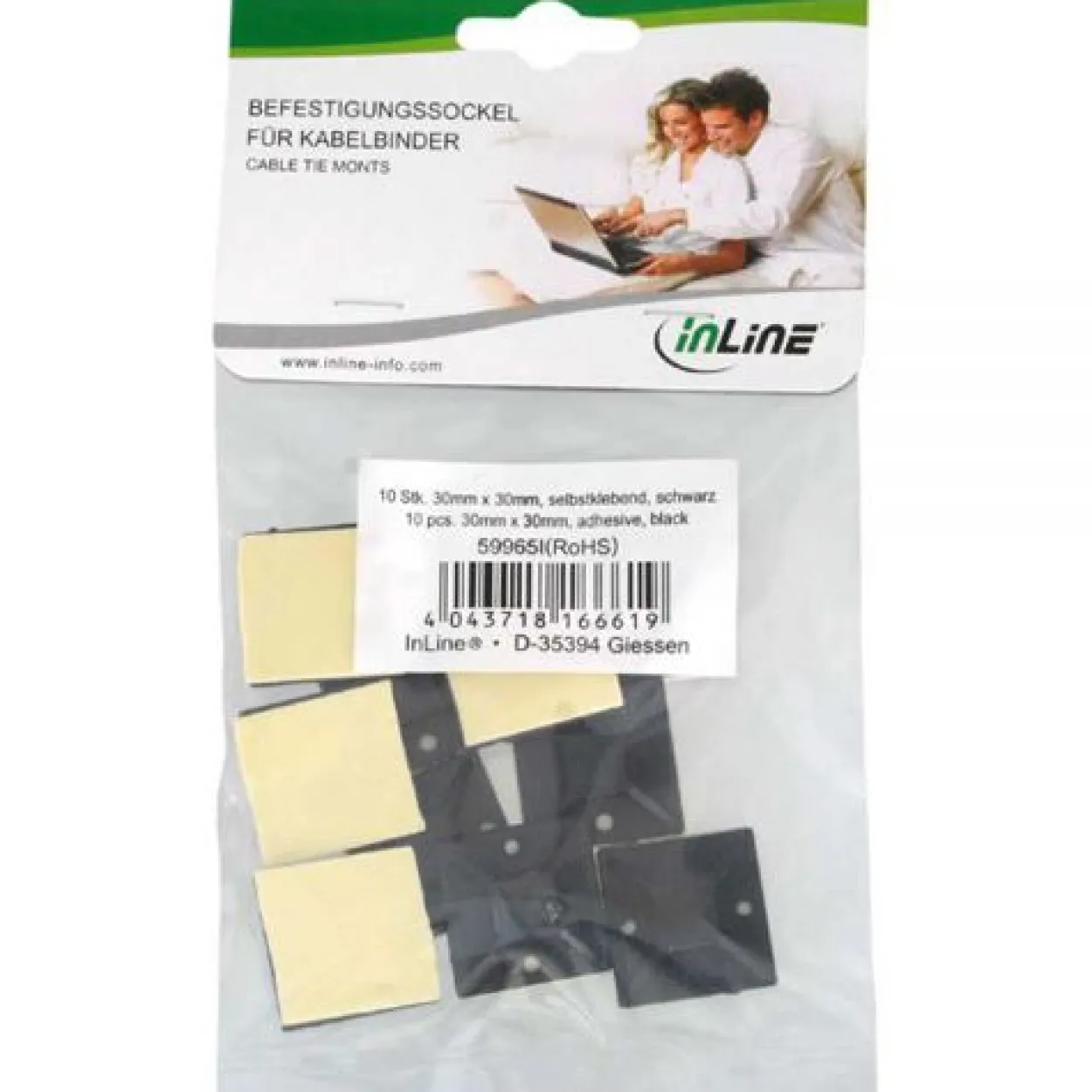 InLine Befestigungssockel für Kabelbinder 30x30mm selbstklebend schwarz 10 Stück