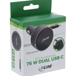 InLine Dual USB-C KFZ Stromadapter 12/24V, ausziehbares Kabel + Buchse, 75W