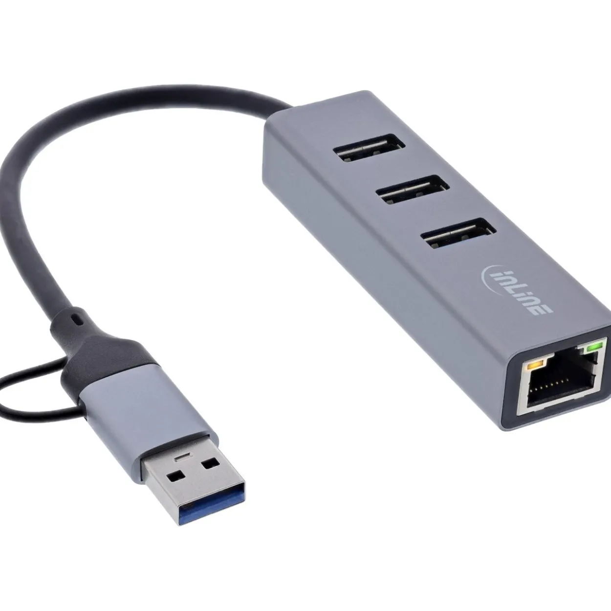 InLine 4in1 Gigabit Hub, USB-C & USB-A, 1x RJ45, 3x USB 3.2 Gen.1