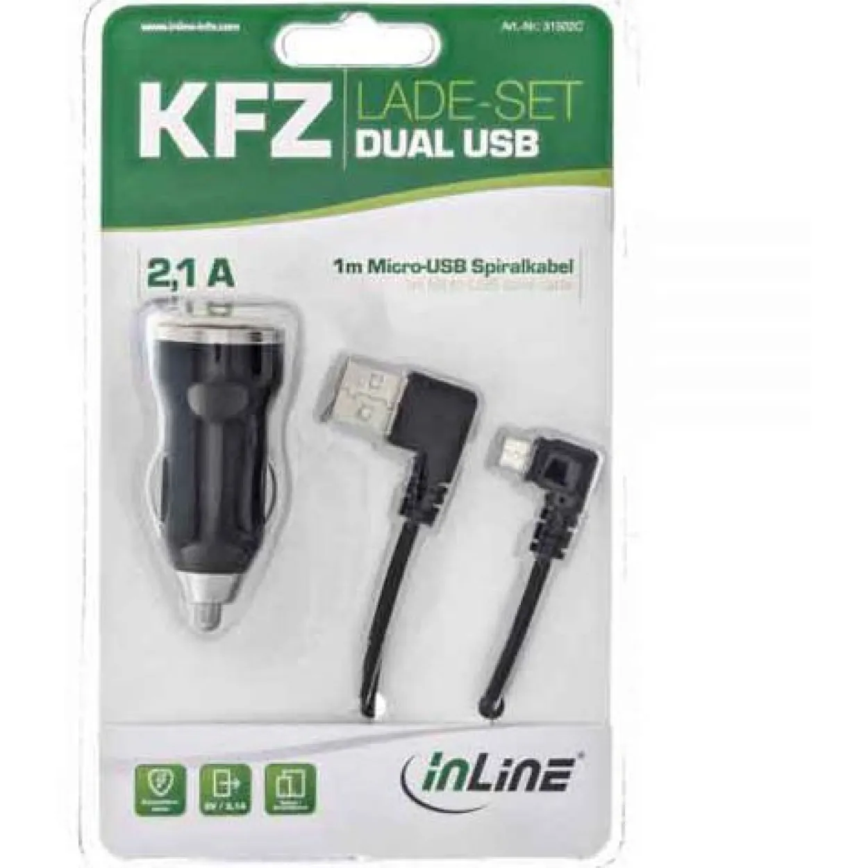 InLine USB DUAL+ KFZ-Ladeset, Stromadapter mit 1m Spiralkabel, 12/24VDC zu 5V DC/2.1A