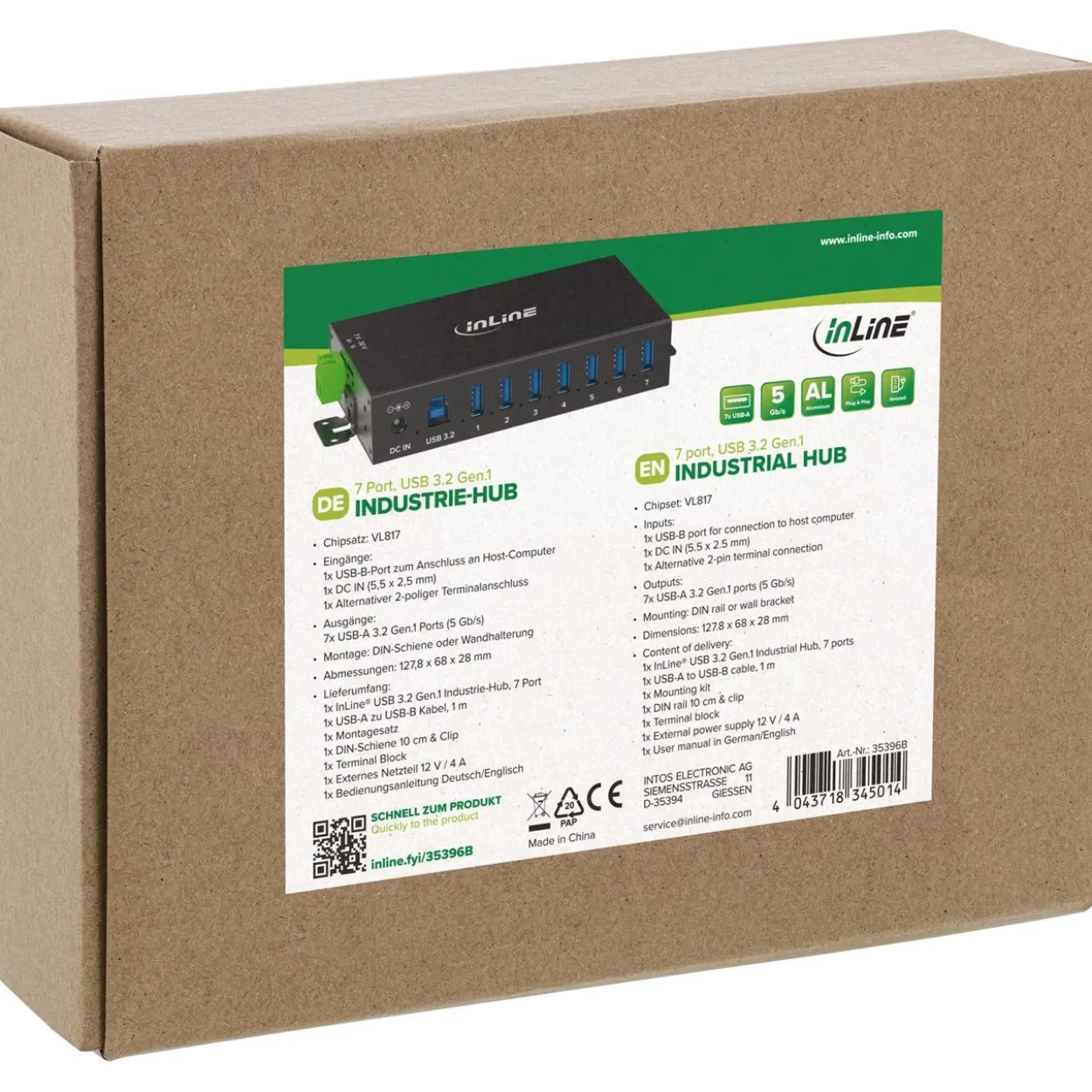 InLine USB 3.2 Gen.1 Industrie-Hub, 7 Port, Aluminiumgehäuse, mit Netzteil