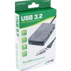 InLine USB 3.2 Multi Cardreader Hub, SD/TF/MS/XD/CF, 3-Port USB-A, Dual