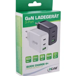 InLine USB PD Netzteil, GaN Ladegerät, 3-Port, Dual USB-C+USB-A, 65W, weiß