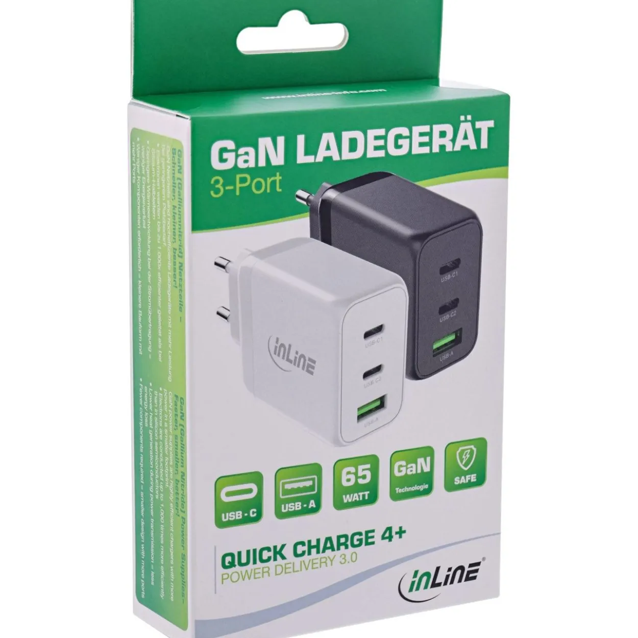 InLine USB PD Netzteil, GaN Ladegerät, 3-Port, Dual USB-C+USB-A, 65W, weiß