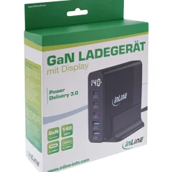 InLine USB PD Netzteil, GaN Ladegerät, 5-Port, USB-C + USB-A, 140W, mit Display