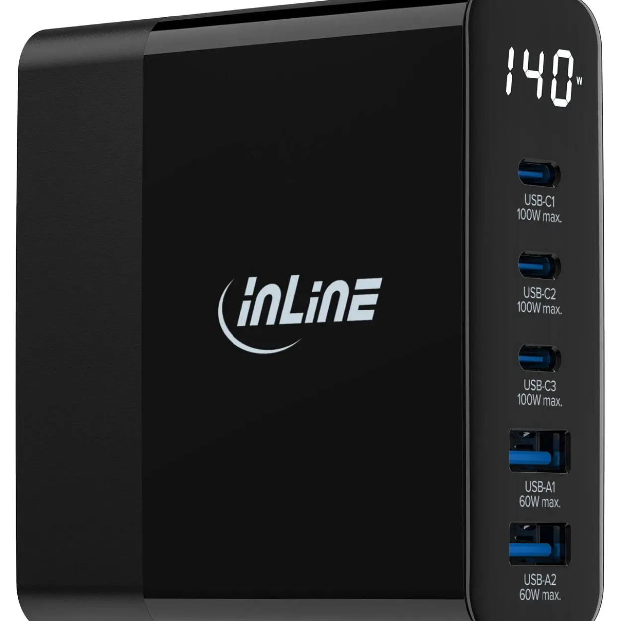 InLine USB PD Netzteil, GaN Ladegerät, 5-Port, USB-C + USB-A, 140W, mit Display