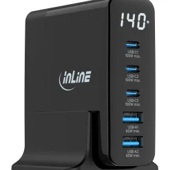 InLine USB PD Netzteil, GaN Ladegerät, 5-Port, USB-C + USB-A, 140W, mit Display