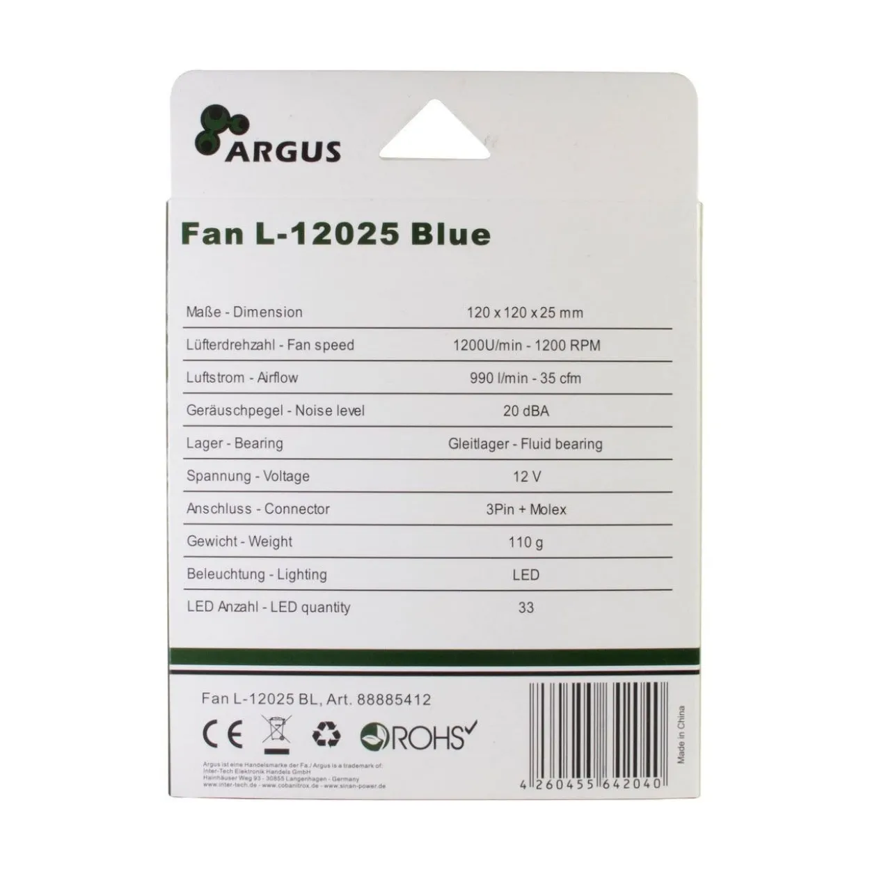 Inter-Tech L-12025 120x120x25mm 1200 U/min 20 dB(A) schwarz/blau