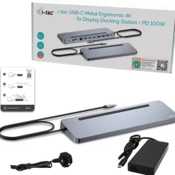 I-TEC USB-C Metal Ergonomic 4K 3x Display Docking Station with PD 100 W + i-tec Universal Charger 100W bundle