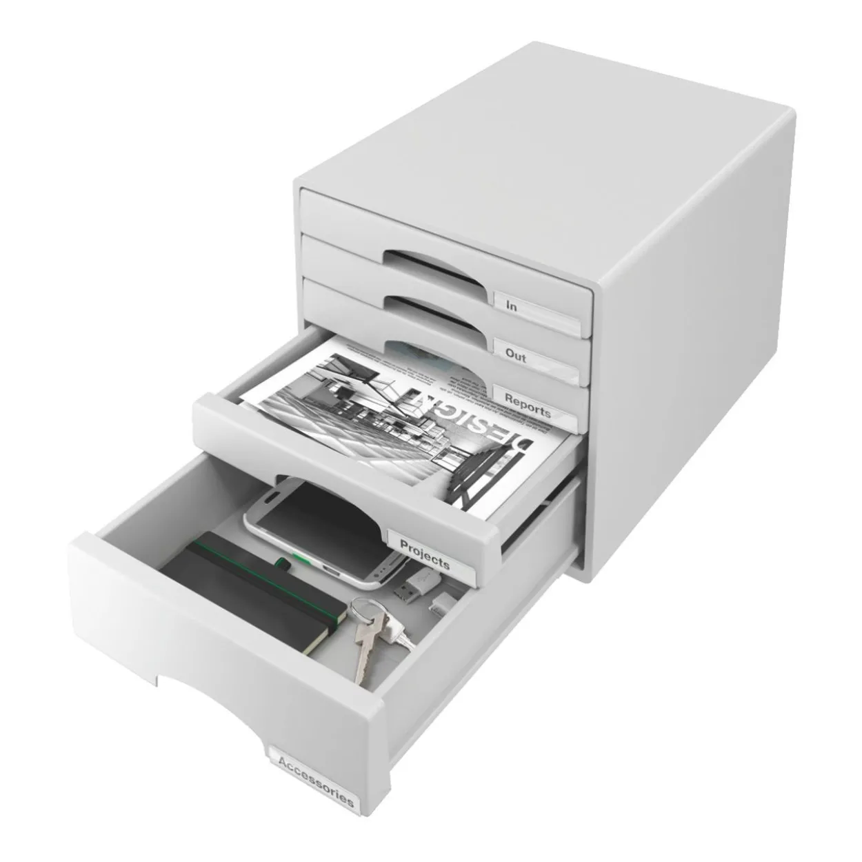 LEITZ Schubladenbox Plus grau 52110085, DIN A4 mit 5 Schubladen