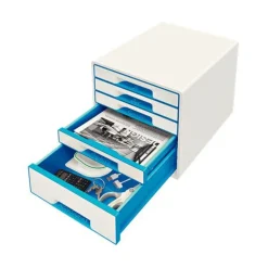 LEITZ Schubladenbox WOW Cube perlweiß/blau 52142036, DIN A4 mit 5 Schubladen