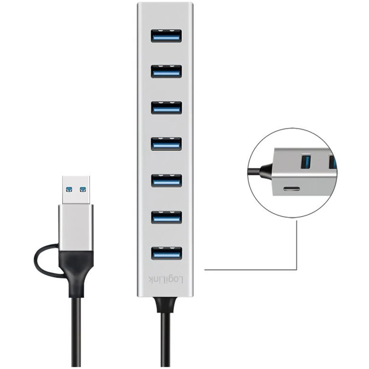 Logilink USB 3.0 HUB, 7-Ports, 7x USB-A, 5 Gbit/s, silber