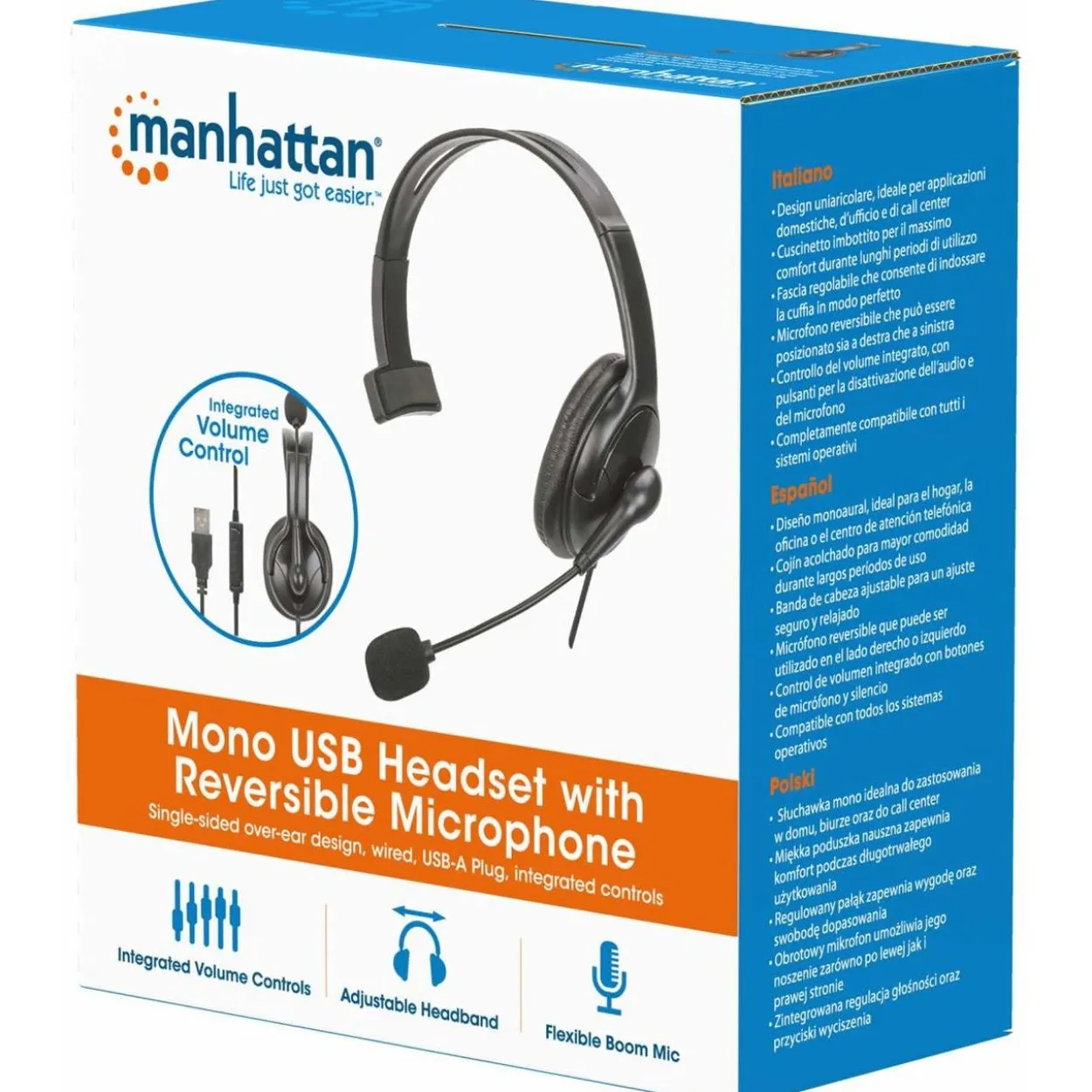 Manhattan Mono USB-Headset links / rechts tragbar 2m Kabel