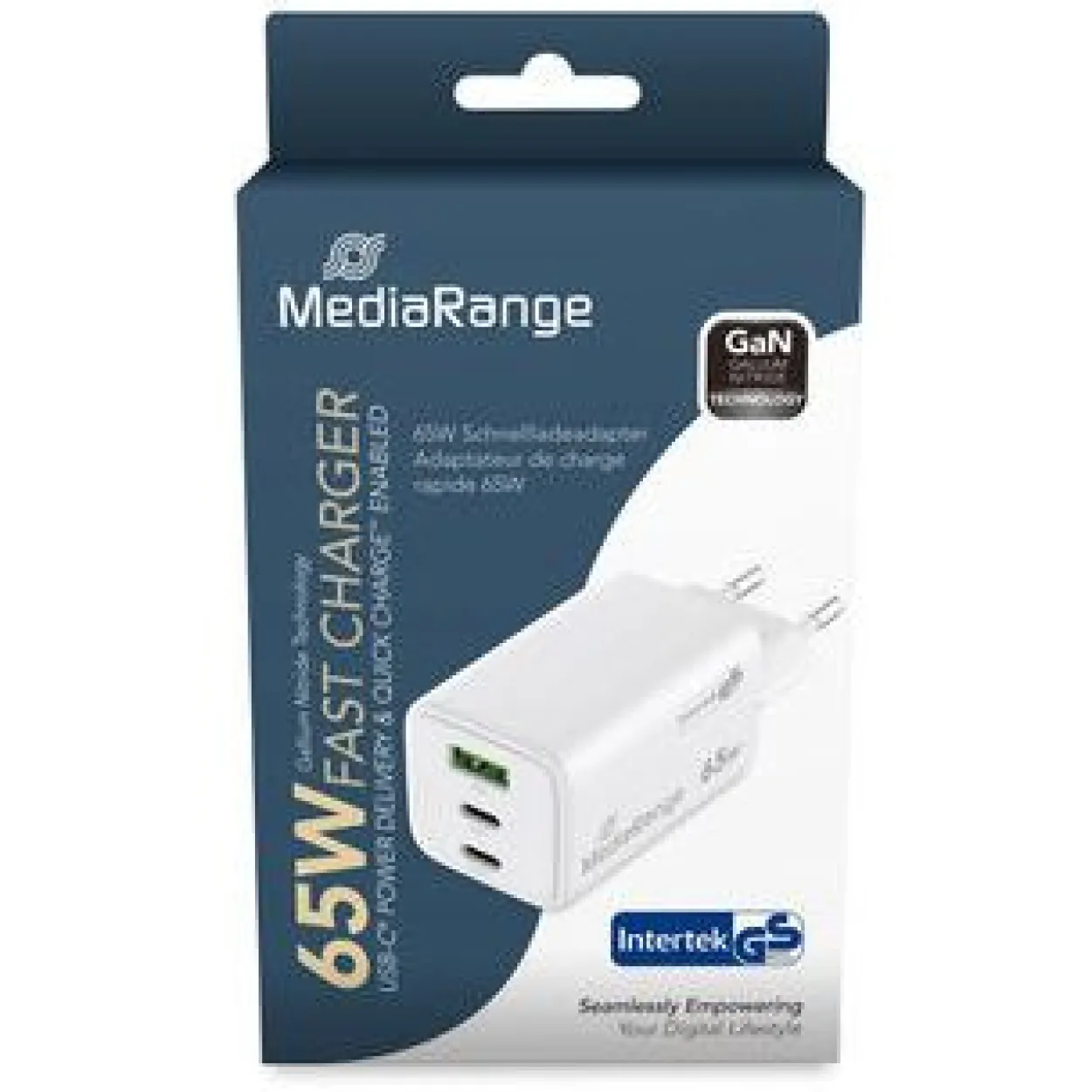 MediaRange Ladegerät 65W 3-Port 1x USB-A/2x USB-C GaN, weiß