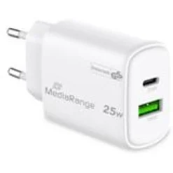 MediaRange Ladegerät 25W 2-Port 1x USB-A/1x USB-C GaN, weiß
