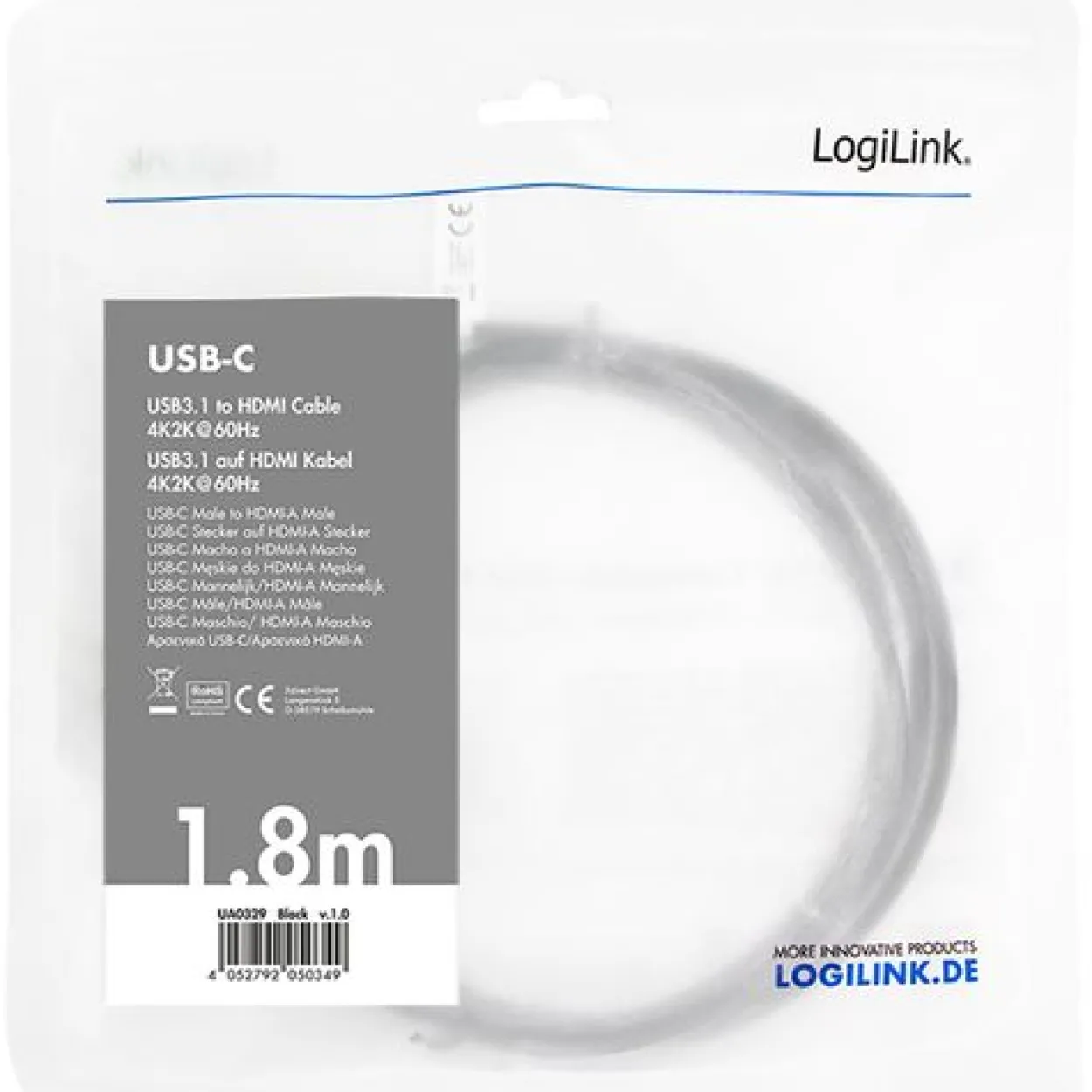 1.80m Logilink USB-C Kabel 3.2 Gen1 zu HDMI-A 4K/60 Hz, schw