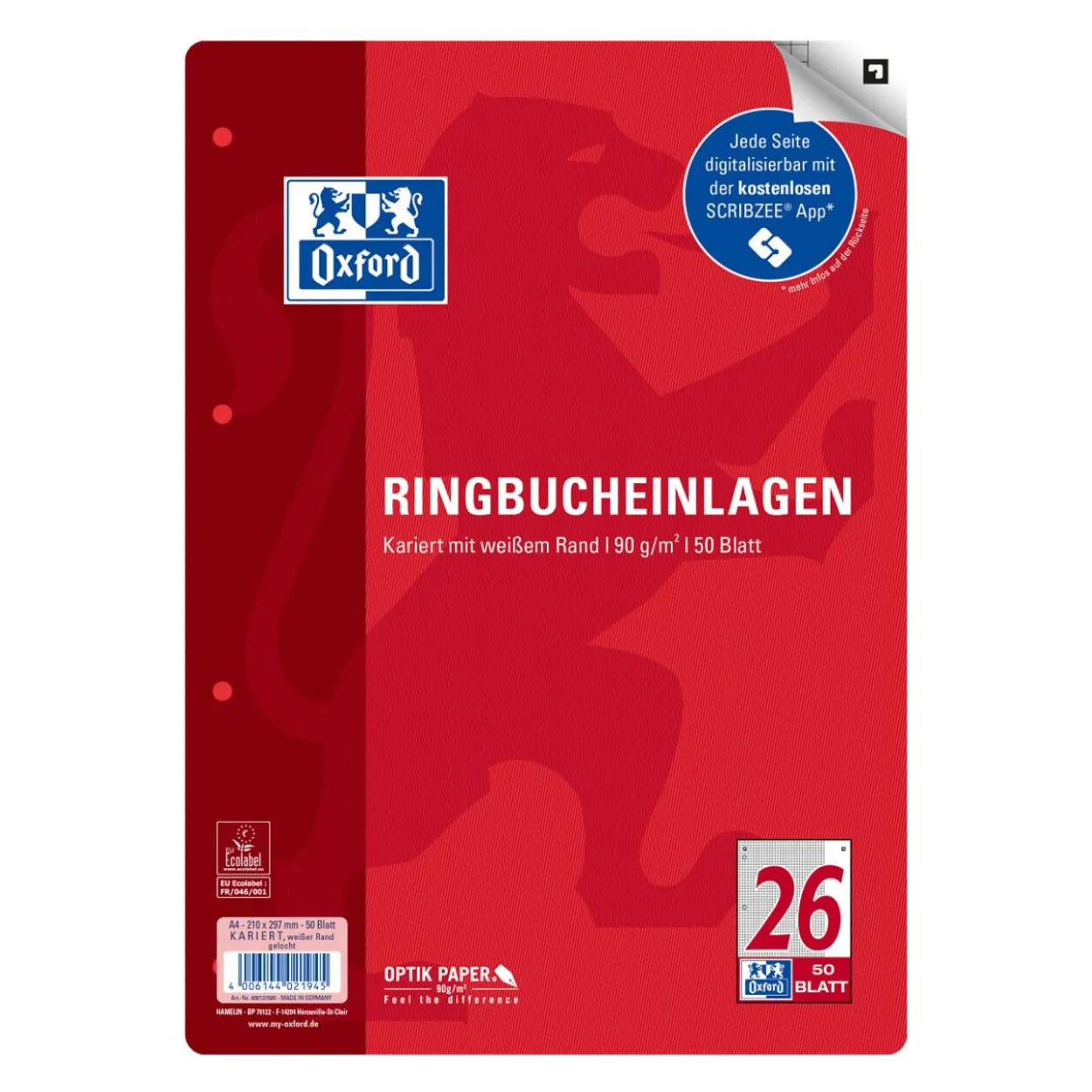 OXFORD Ringbucheinlage A4 kariert, 50 Blätter 400131580