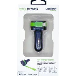 Realpower Car Charger L - integrated Lighning Cable + 1x USB