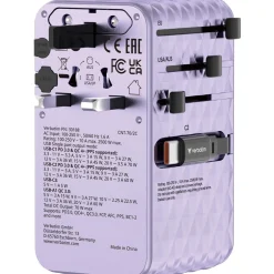 VERBATIM CHARGE 'N' TRAVEL 70W 2C RETRACTABLE UNIVERSAL TRAVEL ADAPTER PURPLE