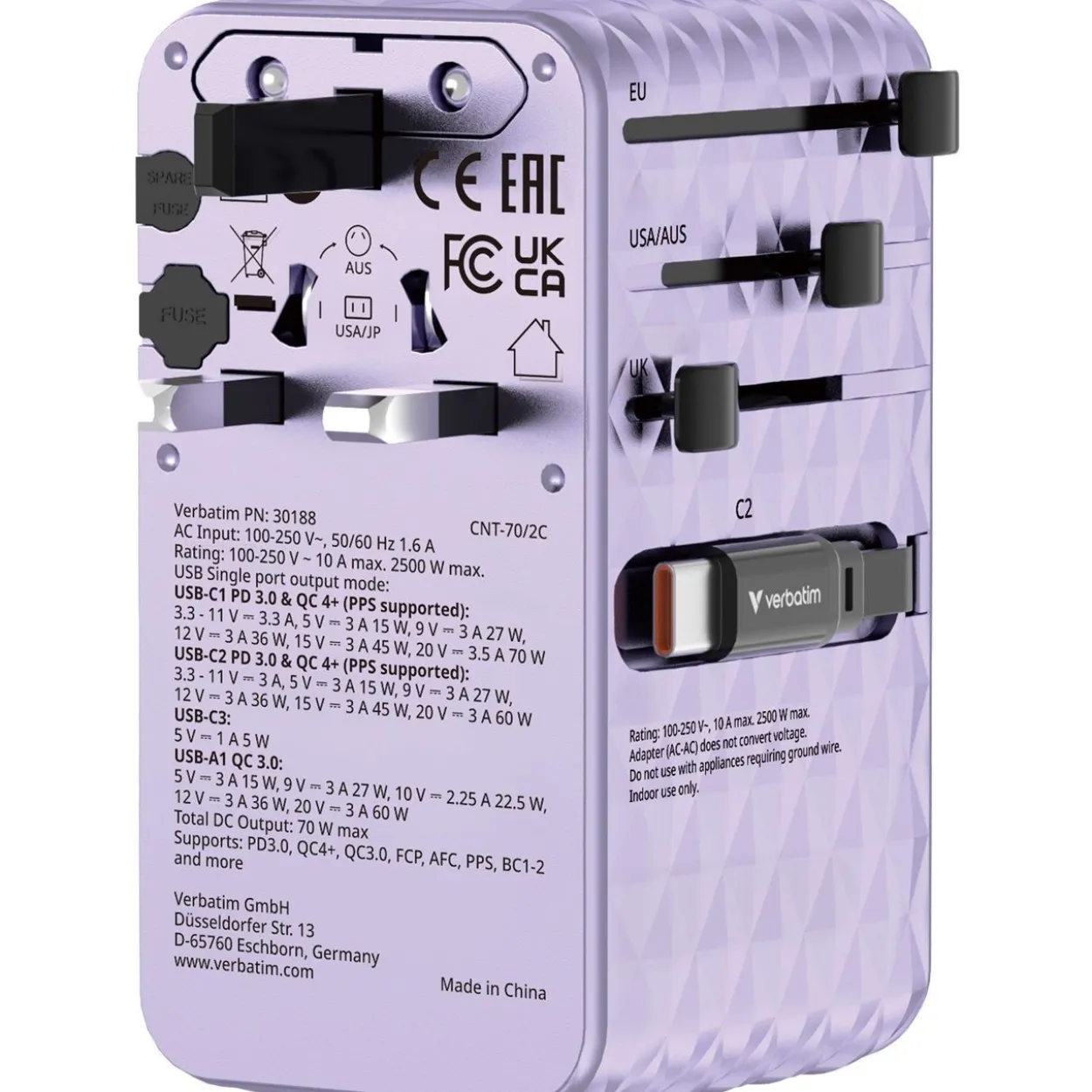 VERBATIM CHARGE 'N' TRAVEL 70W 2C RETRACTABLE UNIVERSAL TRAVEL ADAPTER PURPLE