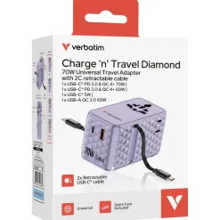 VERBATIM CHARGE 'N' TRAVEL 70W 2C RETRACTABLE UNIVERSAL TRAVEL ADAPTER PURPLE